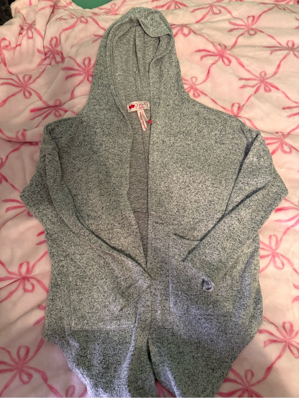 Poof! Heather Gray Hooded Open-Front Cardigan Sweater